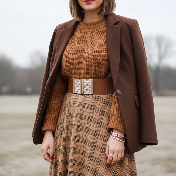 Women Brown Elastic Waistband Fashion Belt Bling Squares Buckle S M    -   WB37 - Picture 1 of 17